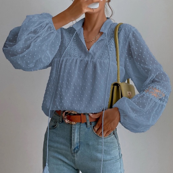 Swiss Dot V neck Tassel Tie Semi Sheer Long sleeve Top - Picture 2 of 11